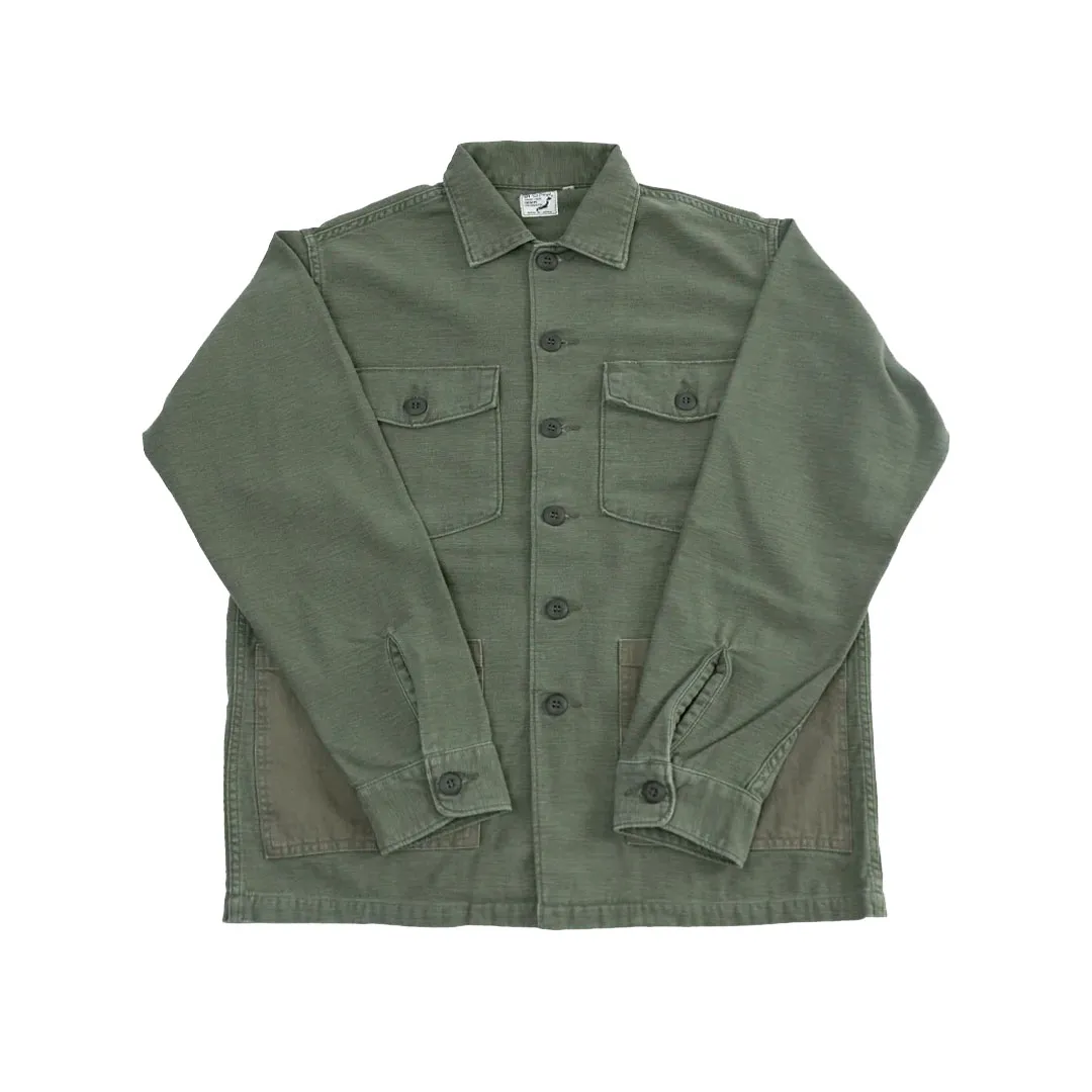 03-8345-77s-4-Pocket-Fatigue-Shirt-Reverse-Sateen-Dark-Olive-Stone-Front.webp OrSlow 8345 Pocket Fatigue Shirt Reverse Sateen – Dark Olive Stone - Image 1