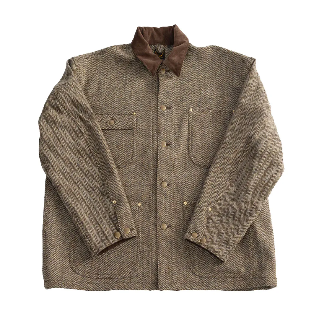 Harris-Tweed-Relaxed-Fit-Coverall-Jacket-Khaki-Front.webp orSlow 01-6034-H47K Harris Tweed Relaxed Fit Coverall Jacket – Khaki - Image 1