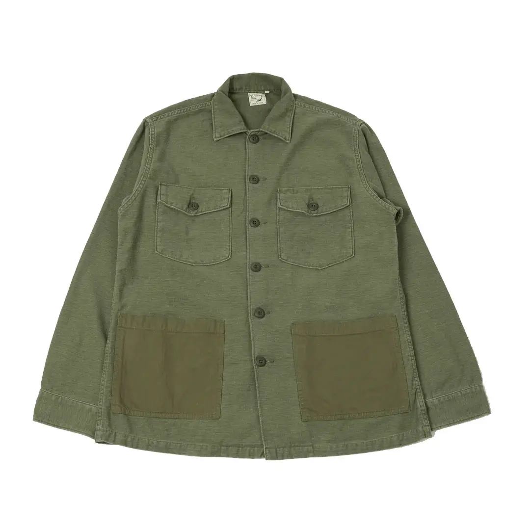 orSlow-Contrast-Pocket-Sateen-Overshirt-Olive-Stone-Front.webp orSlow Contrast Pocket Sateen Overshirt – Olive Stone - Image 1