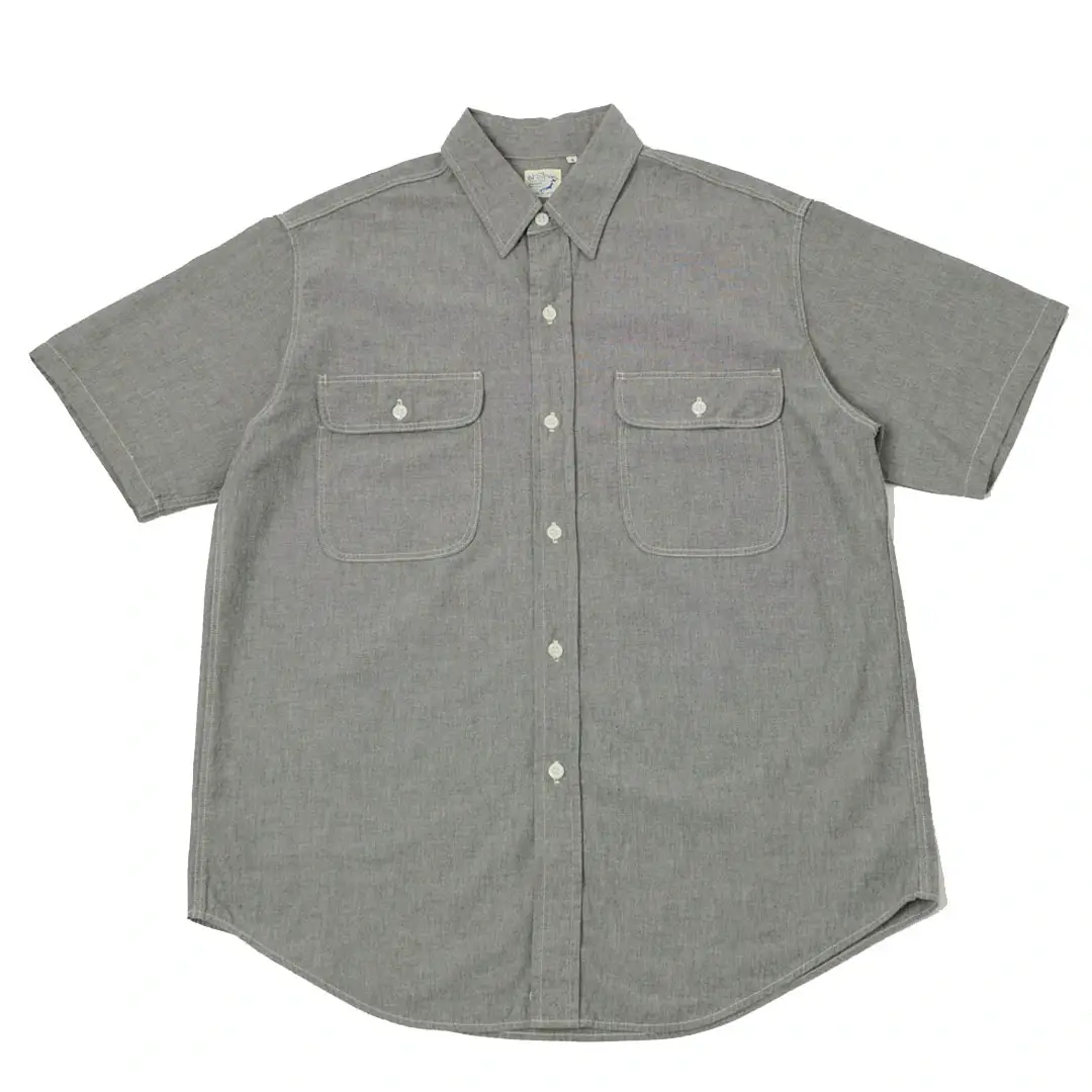 orSlow-Short-Sleeve-Chambray-Work-Shirt-Grey-Front.webp orSlow Short Sleeve Chambray Work Shirt – Grey - Image 1