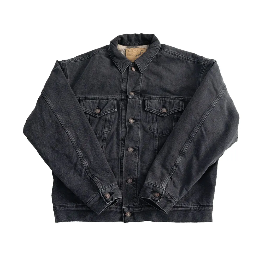 orSlow-Type-3-Denim-Jacket-in-stonewashed-black-Front.webp OrSlow 01-6105-D61SK – Organic Cotton Flannel Check Lining Type 3 Denim Jacket – Black Denim Stone - Image 1