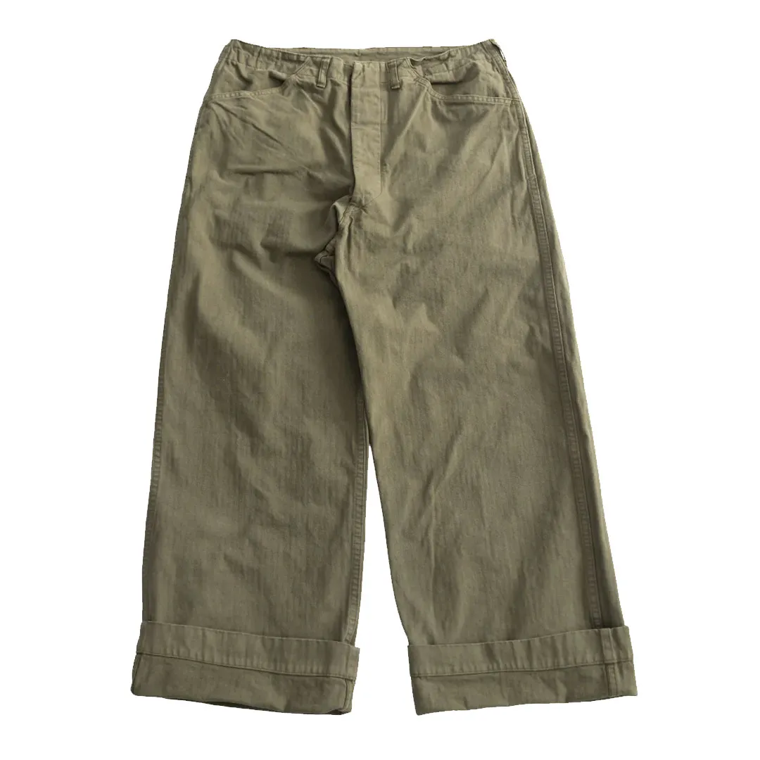 orSlows-USMC-Herringbone-Wide-Fit-Utility-Trousers-Front.webp orSlow 01-5210-77K – USMC Herringbone Wide Fit Utility Trousers – Dark Olive - Image 1